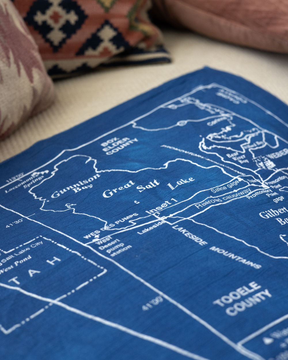 A closeup of the Great Salt Lake Bandana, with a closeup of the map features.
