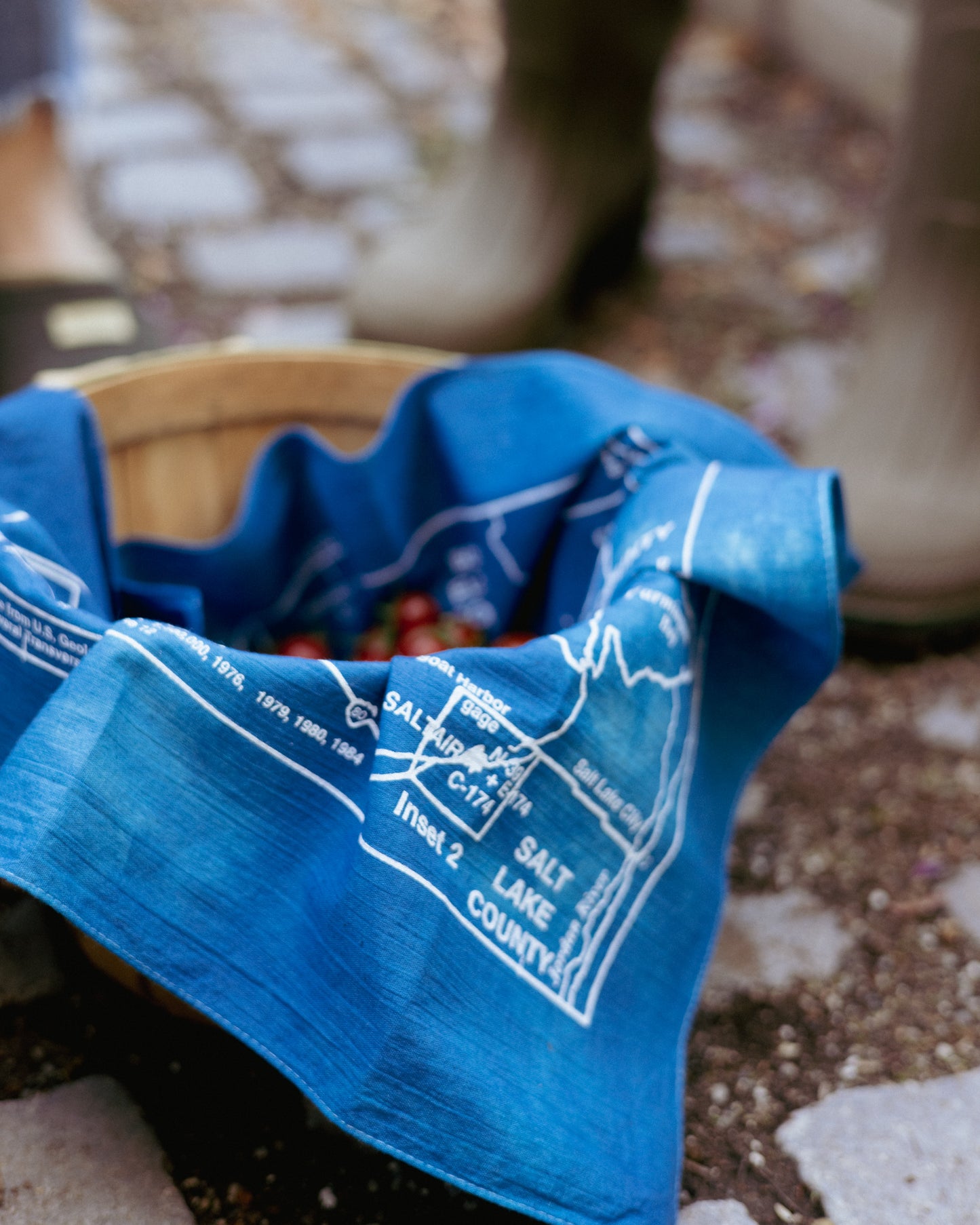 The Great Salt Lake Bandana being used in the garden to pick vegetables. 