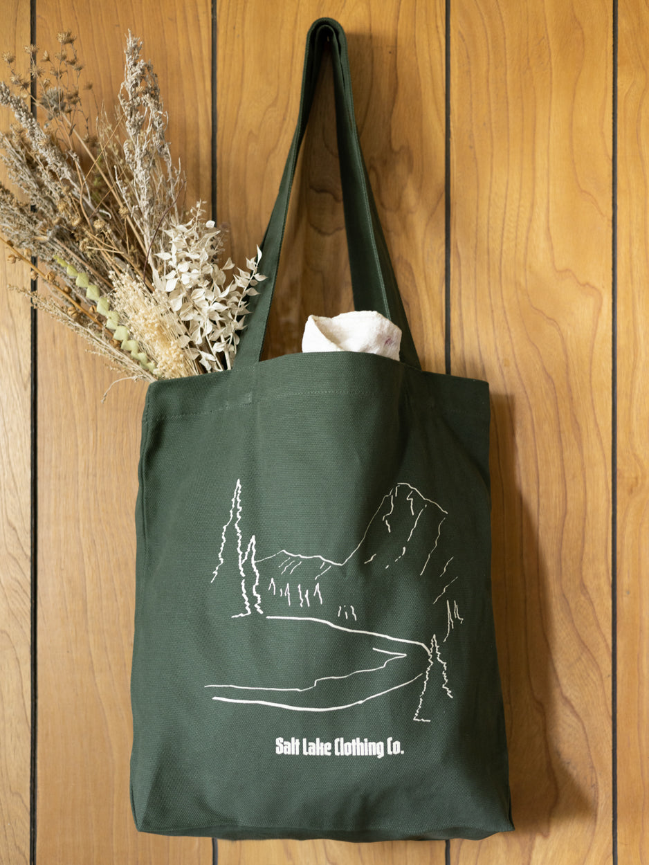 The Wasatch Tote carrying dried flowers and hand dyed fabrics, hanging on a vintage wooden wall.