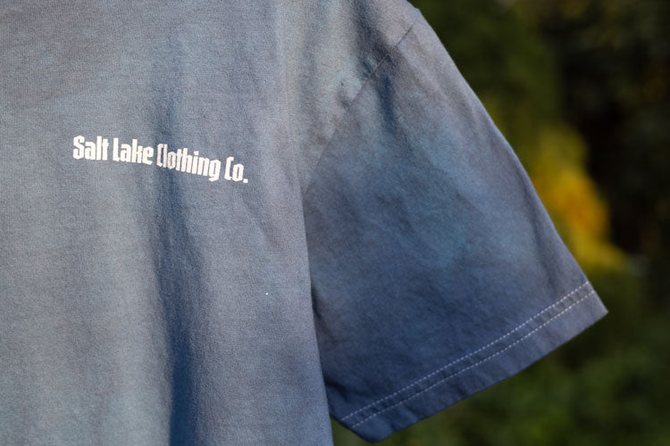 A closeup of the screen printed graphic of the Good Company T Azure Dip Dye.