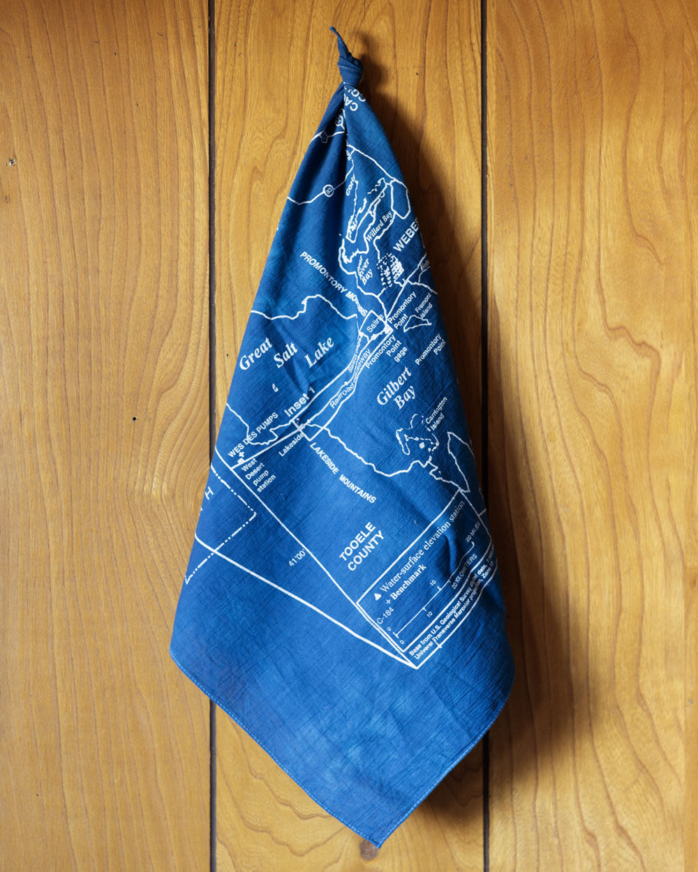 The Great Salt Lake Bandana hanging from a vintage wooden wall.