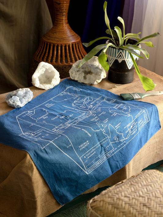 The Great Salt Lake Bandana, with a visible screen-printed map, surrounded by rocks, minerals, and plants.
