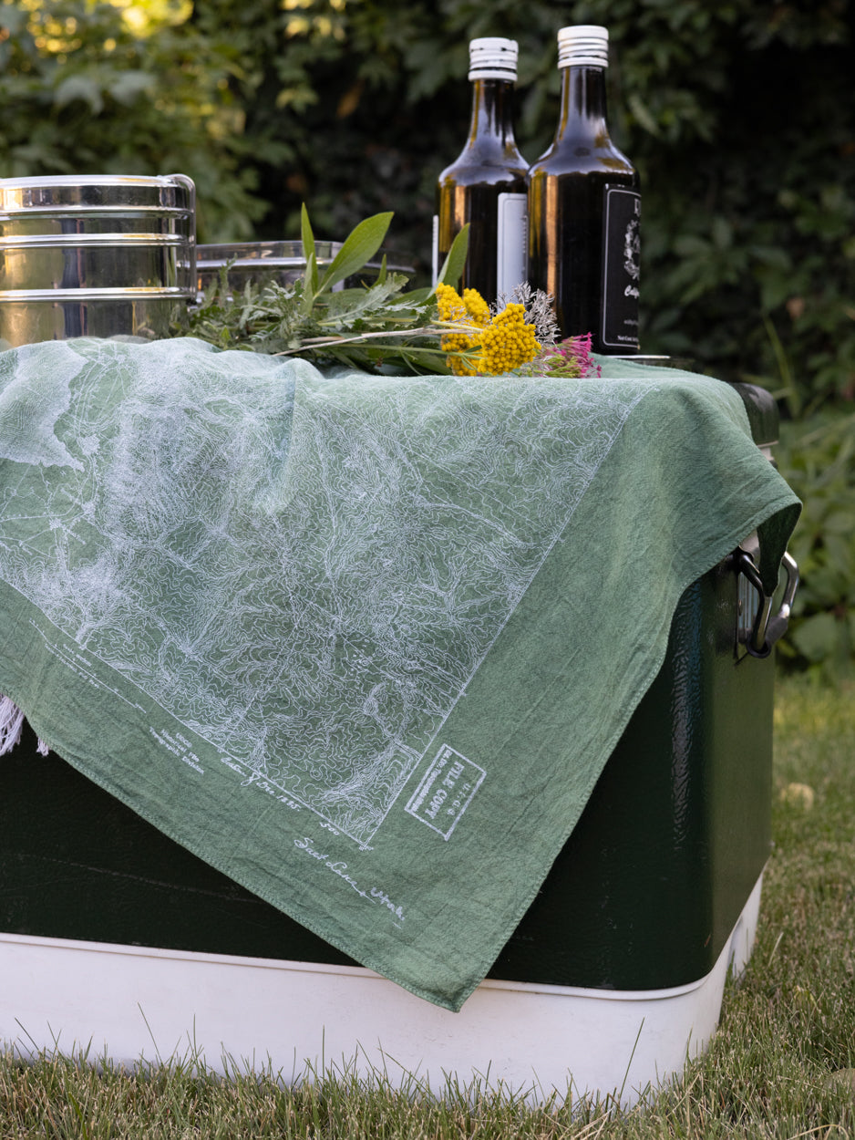 Wasatch Topographic Bandana on a cooler, with flowers, food containers, and bottles ready for a picnic.